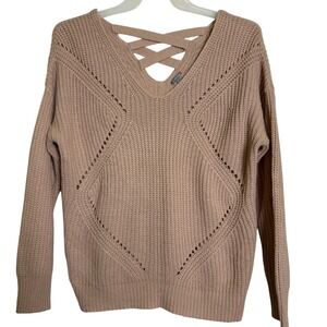 Charlotte Russe Tan Lattice V-Neck Knit Sweater Pointelle Shaker Stitch 818126 M